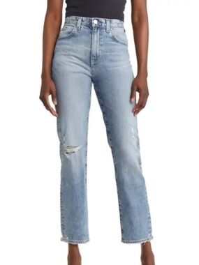 AG Saige Ripped High Waist Ankle Straight Leg Jeans (22 Years Driftwood)